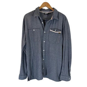 Vans Mens Button Up Shirt Large Blue White Striped Front Pocket Logo 100% Cotton